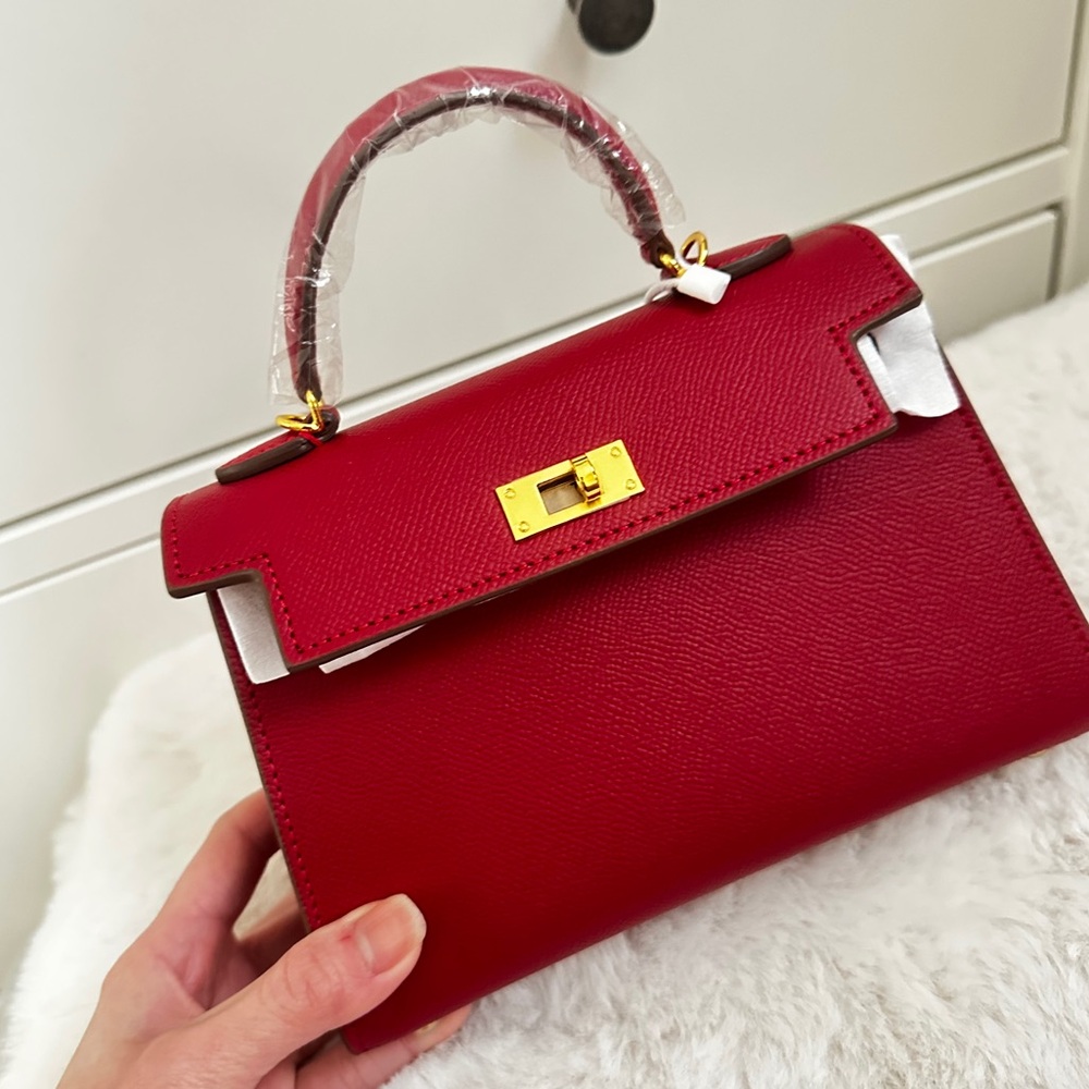 Top Handle, Crossbody Classic Mini Epsom Bag with Gold Hardware Burgundy Red